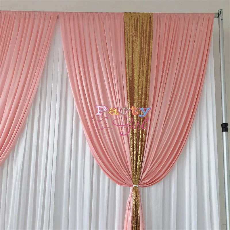 White Color Ice Silk Wedding Backdrop Curtain With Blush Sequin Swag Drapery Stage Background Event Party Decora