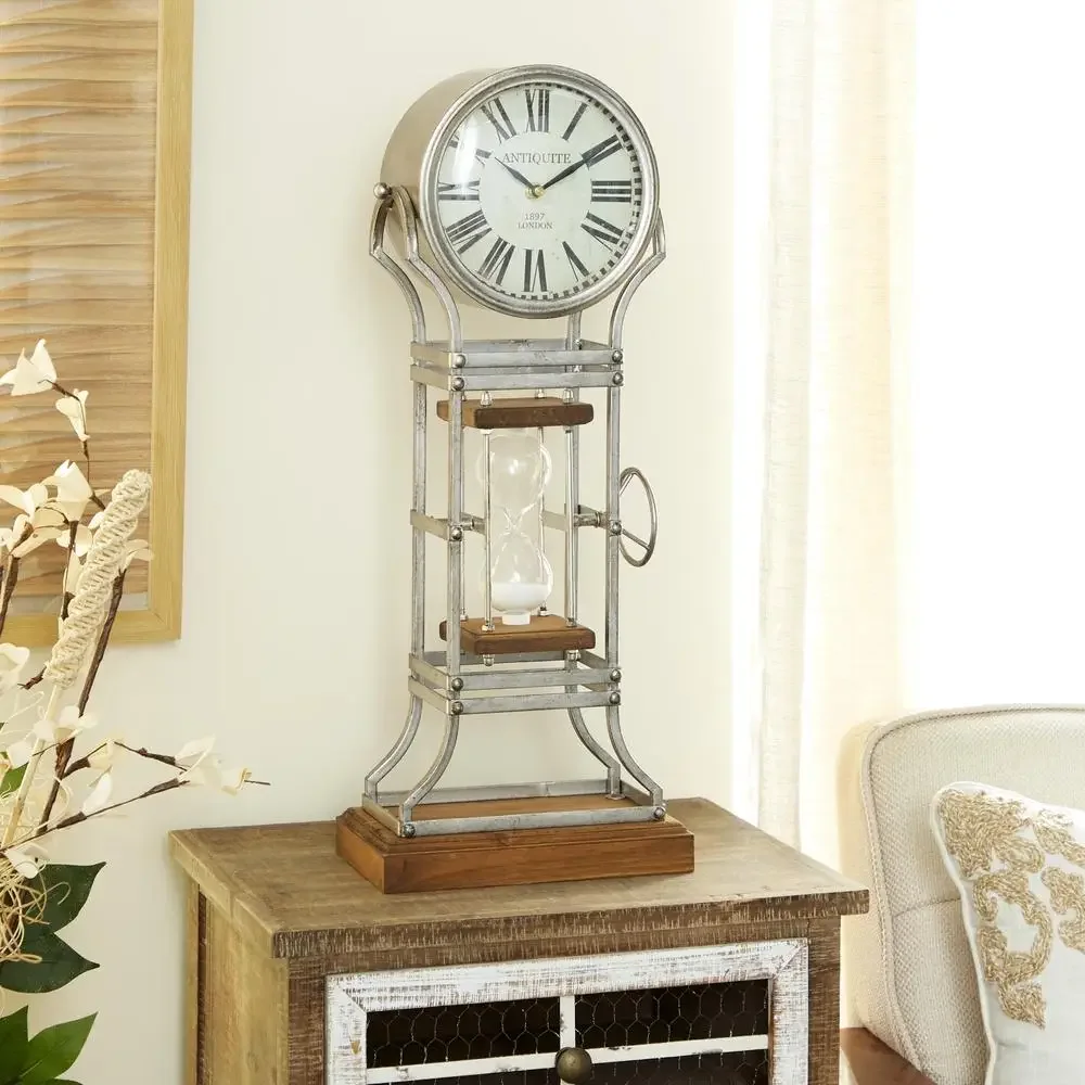 Natural Wood Hourglass Clock Silent Roman Numerals Mantel Timer Display