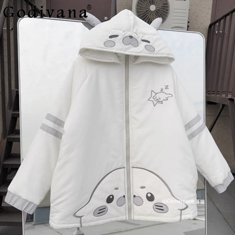 

Japanese Kawaii Cute Hooded Parkas for Women Autumn and Winter Warm Thick Cartoon Print Zipper Jacket Student Y2K Outerwear