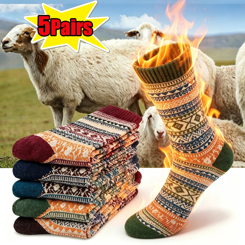 5 Pairs Colorful Wool Socks Men's Thicken Retro Ethnic Style Snow Boots Socks Warm Comfortable Fashion Vintage Sleep Socks