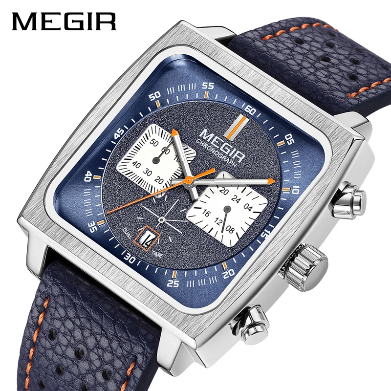 

MEGIR New Square Quartz Watch for Men Leather Military 's Chronograph Wristwatch Mens Watches Top Brand Luxury Relogio Masculino
