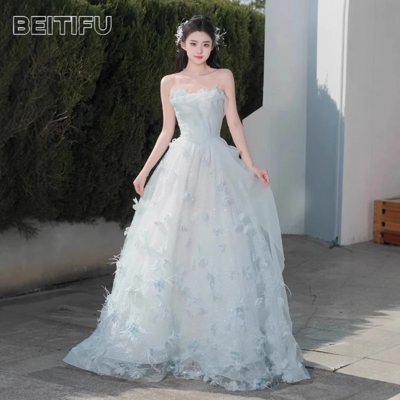 

BeitifuBaby Женские вечерние платья в стиле принцессы с открытыми плечами и аппликациями без бретелек Юбка трапециевидной формы Банкетное бальное платье Vestidos