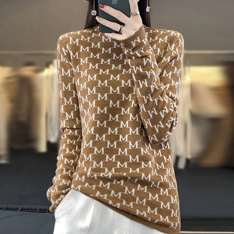 2023 New Autumn Winter Cashmere Sweater Women M Letter jacquard Knitted Sweaters Loose  Fashion Cashmere Sweater Women