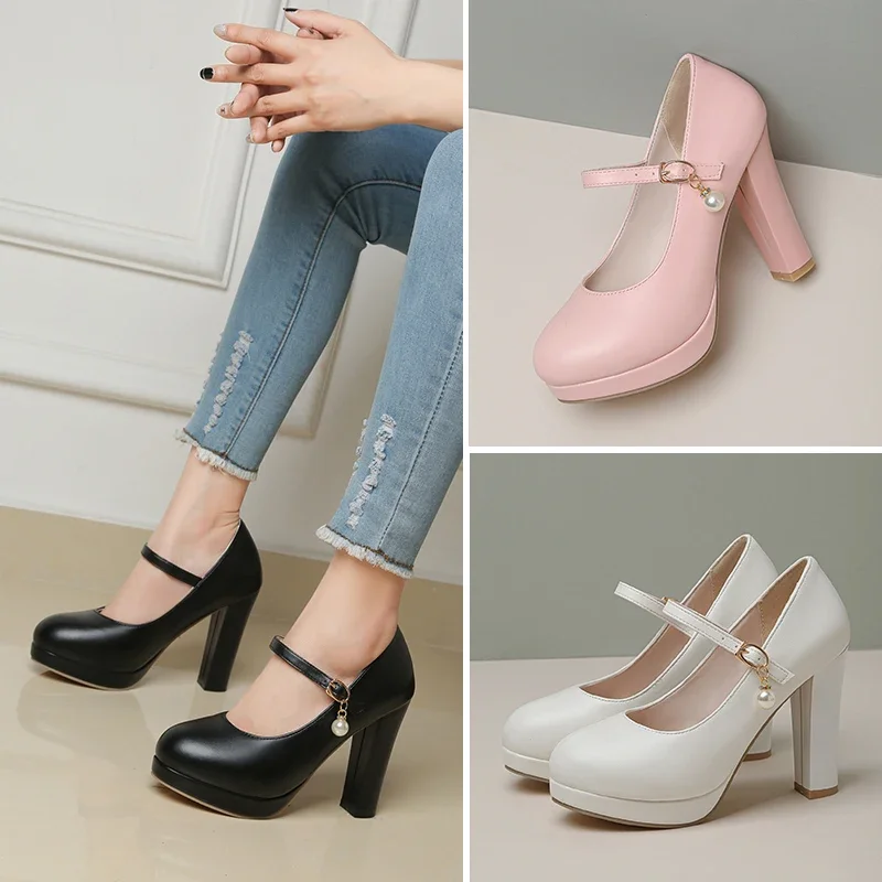 Big Size 43 Platform Mary Janes Women\'s High Heels Pumps Black Pink White Wedding Party Dress Office Lady Summer Round Toe Shoes