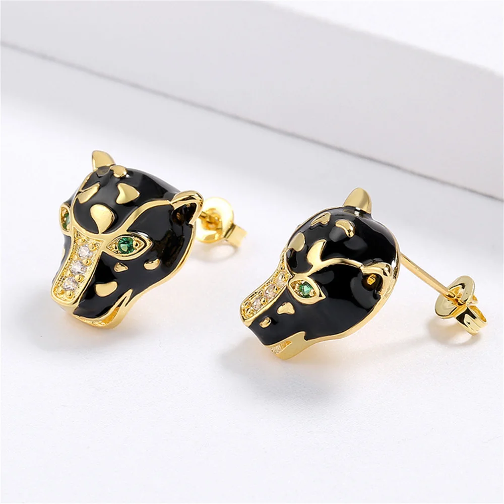 Vintage Golden Black Enameled Leopard Stud Earrings Green Eyes CZ Zircon Panther Animal Earrings for Women Party Gift