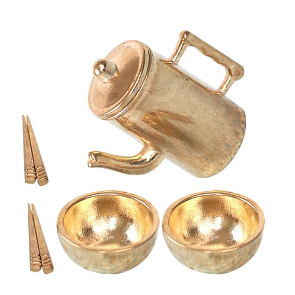 

Набор миниатюрной посуды: элегантный металлический чайник, миски, палочки для еды, украшение для миниатюрной кухни, набор миниатюрной посуды