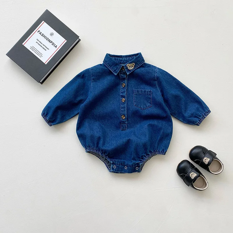 MILANCEL Baby Bodysuit Turn Down  Collar Girls One Piece  Boys Denim Clothes