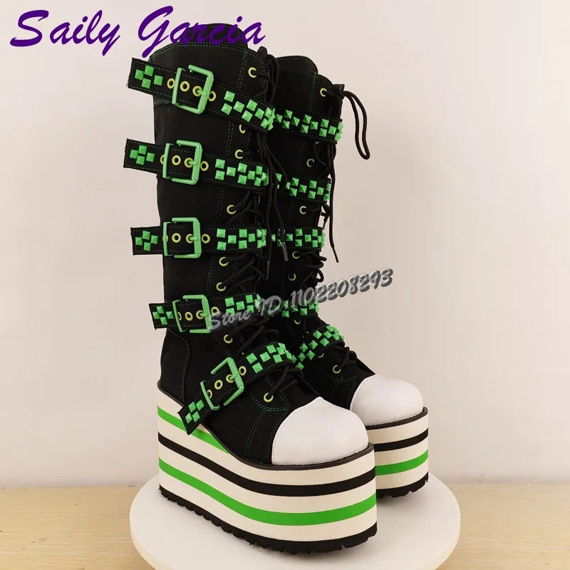 Green Buckle Straps Knee High Boots Punk Patchwork Round Toe Lace-up Platform Boots Fashion Women Lolita Shoes 2025 Autumn New image 5