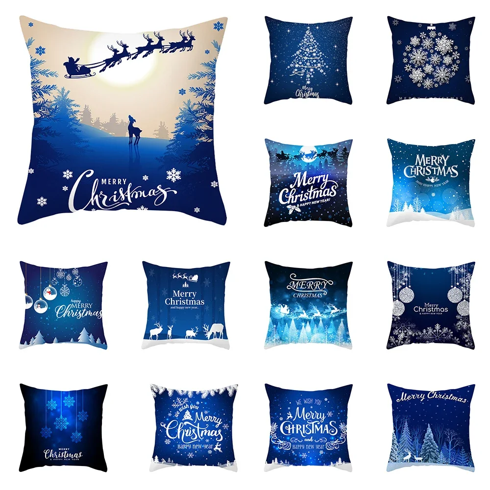 

Home Decoration Christmas Happy Blue Printing Polyester Pillow Pillow Cushion Cushion Cushion Decoración navideña