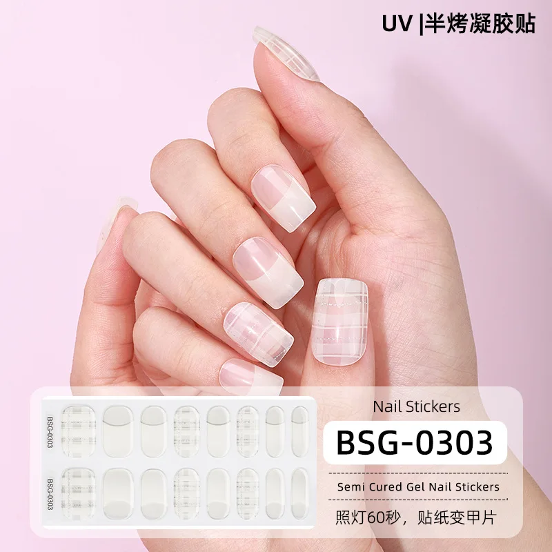 16 Strips Semi-Uitgeharde UV-Gel Nagelsticker Semi-Gebakken Gel Nagelvlekken 3d Bronzing Volledige Cover Emblemen UV-Lamp Nodig