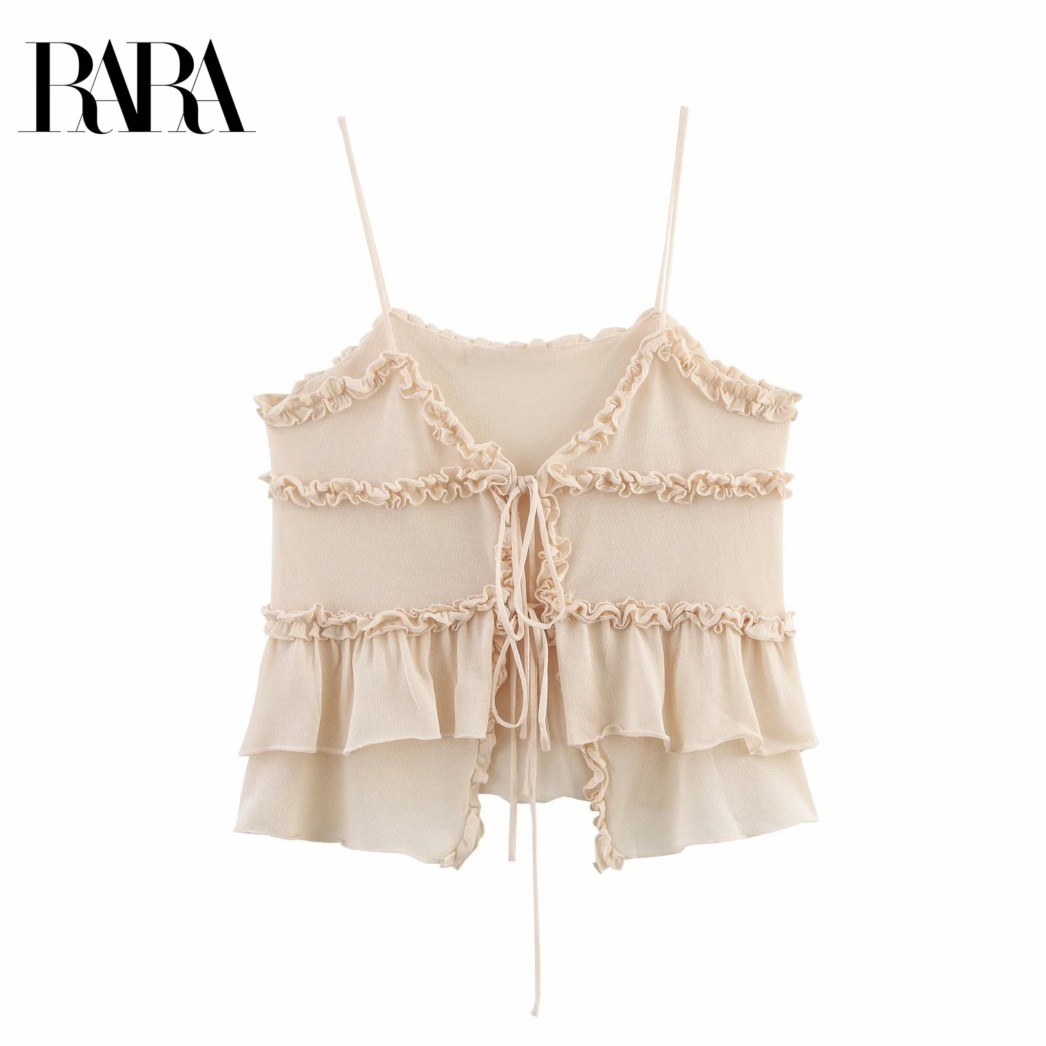 

RARA 2025 New Arrival Women's Spaghetti Strap Ruffled Tiered Top with Front Drawstring for Casual and Summer Wear