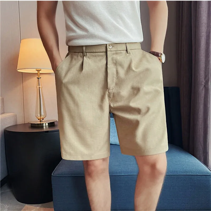 Summer Men's Lightweight Breathable Casual Shorts Solid Color Linen Knee Length Trousers Men Daily Korean Style Office Shorts