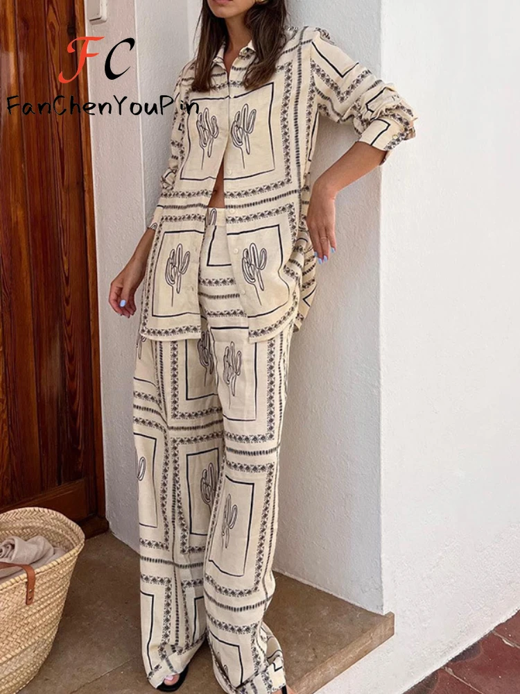 2024 New Spring Summer Loose Fashion Printed Long Sleeve Shirt Top Casual Elastic Waist Wide Leg Pant Beach Holiday 2 Piece Suit