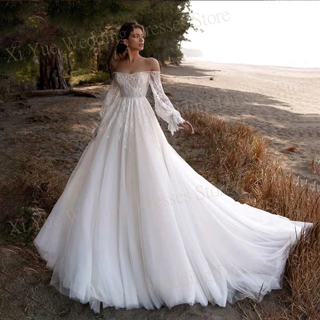 Graceful Sweetheart a line abiti da sposa nuove Appliques di pizzo al largo della spalla Backless abiti da sposa manica lunga Vestido De Novia AliExpress