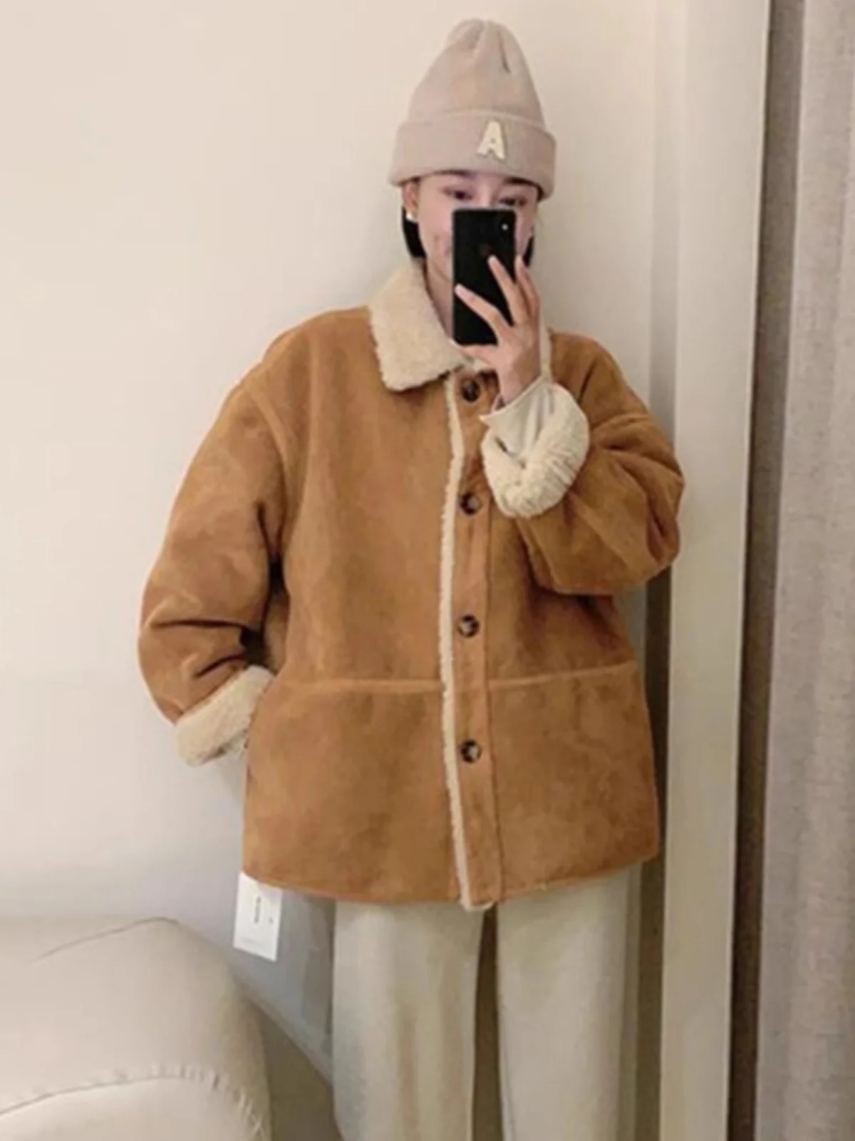 معطف نسائي ذو ياقة من فرو الضأن على الوجهين، معطف شتوي طويل من مزيج الصوف والبوليستر من الجلد والفراء J...