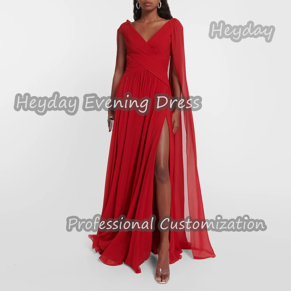 

Heyday V-Neck Saudi Arabia Short Sleeves A-Line Prom Gown Crepe Ruffle Floor Length Elegant Evening Party Dress For Women 2024