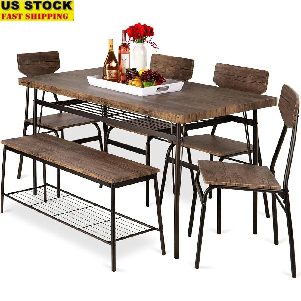 6-Piece Modern Dining Set with Rectangular Table 4 Chairs 2-Person Bench Storage Racks Home Kitchen Dining Room Furniture