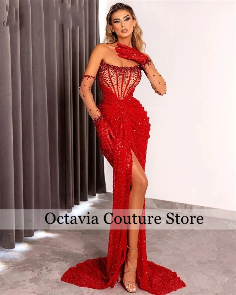 Red Strapless Dubai Evening Dresses Sequin Birthday Dress Women 2024 Bead Crystal With Gloves And Split Formal Gown Customized