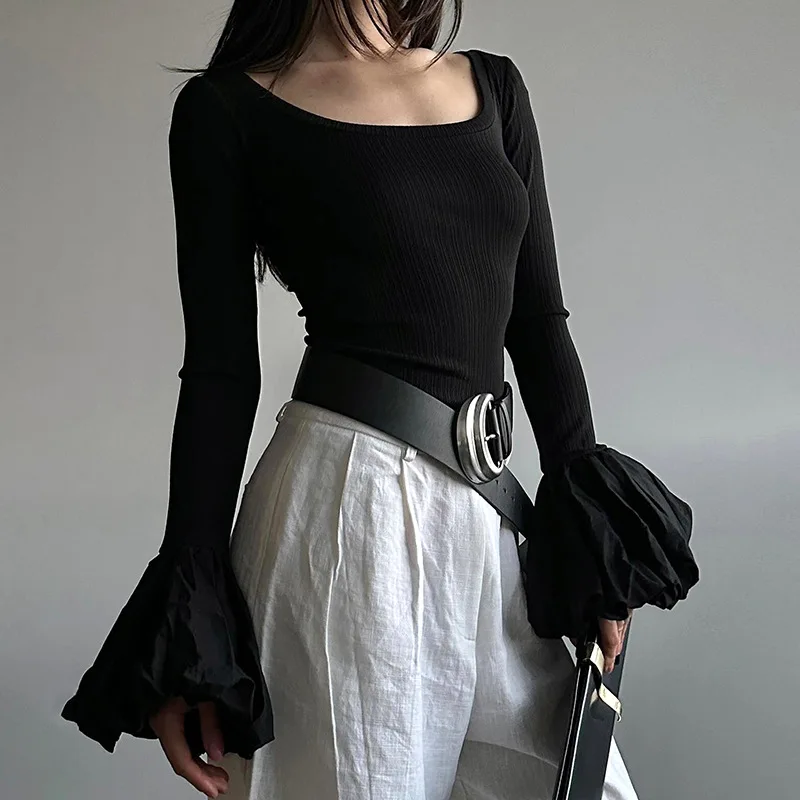 Women's Bell Flare Long Sleeve Blouse Tops Shirts Off Shoulder Fit Crop Top Female Vintage Festival Slash Neck Tees Black Yuqung