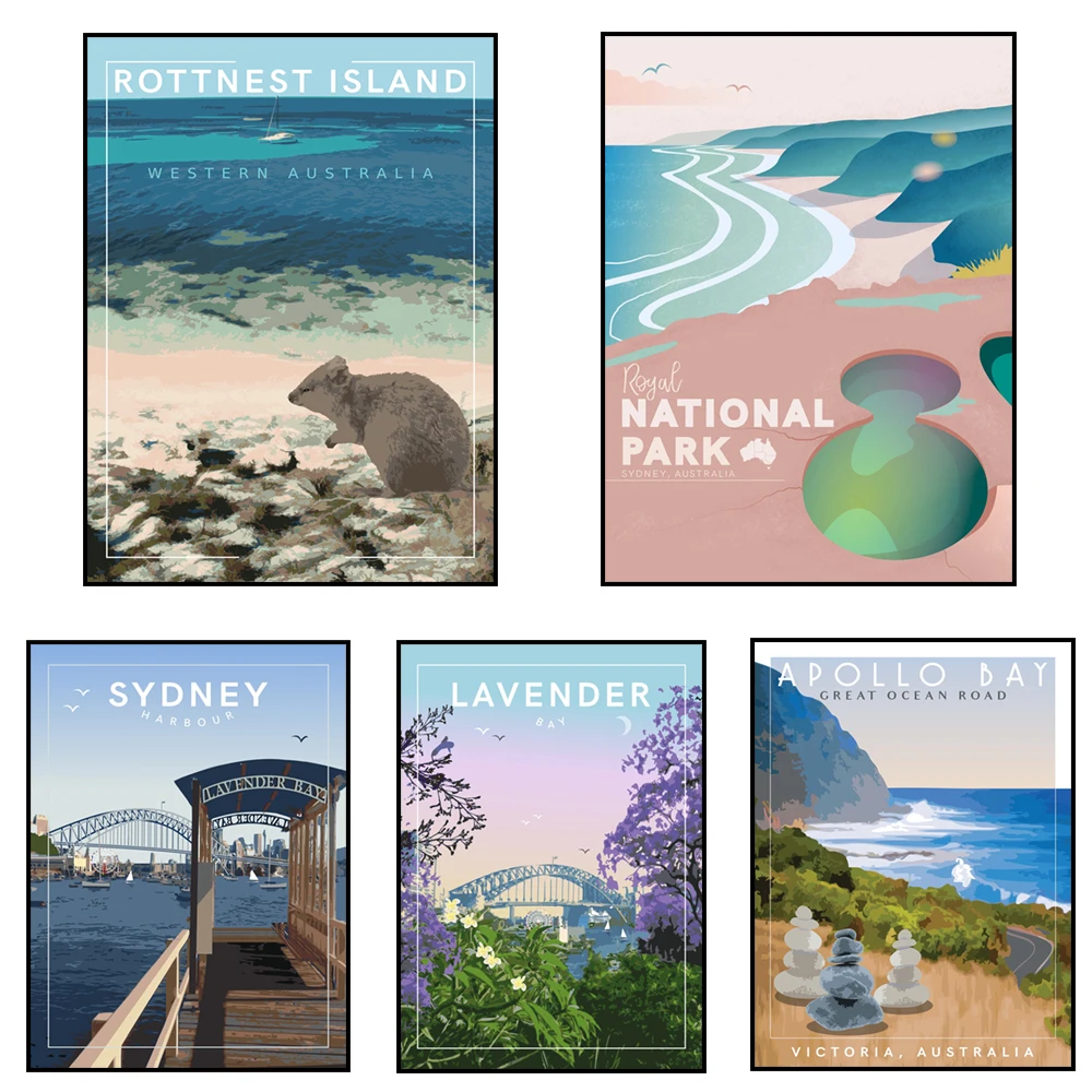 Rottnest Island Perth Western Australia, Sydney Australia, Sydney Harbour, Victoria, Mount Taranaki New Zealand travel poster