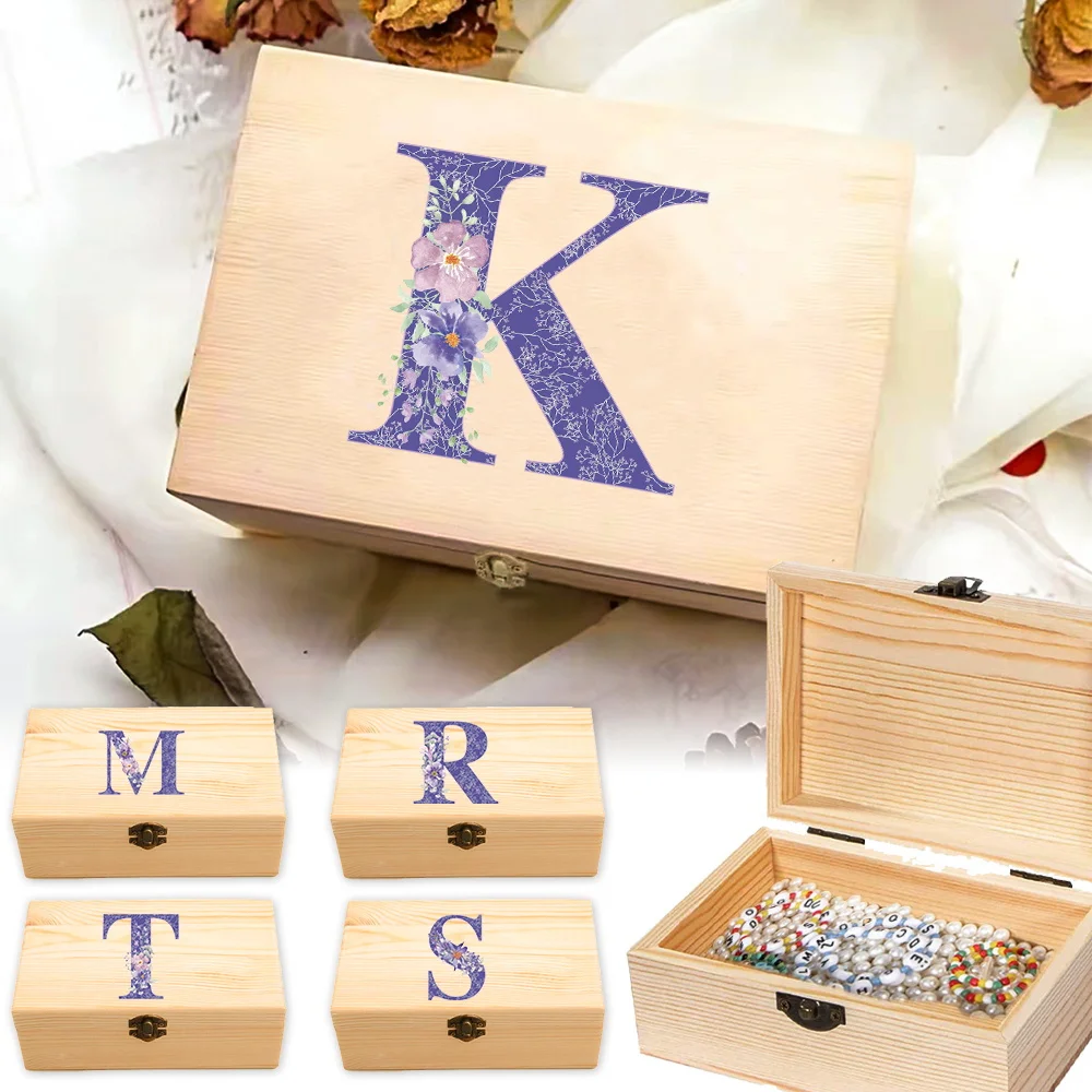 

Desktop Wooden Storage Box Square Higher Quality Gifts Packing Jewelry Case Wooden Packing Case Purple Flower Letter Pattern