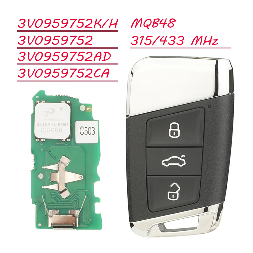 

jingyuqin New Remote Car Key MQB48 For VW Superb A7 Passat Variant Facelift Golf7 Arteon Tiguan Magotan B8 2015-2019 315/434MHz