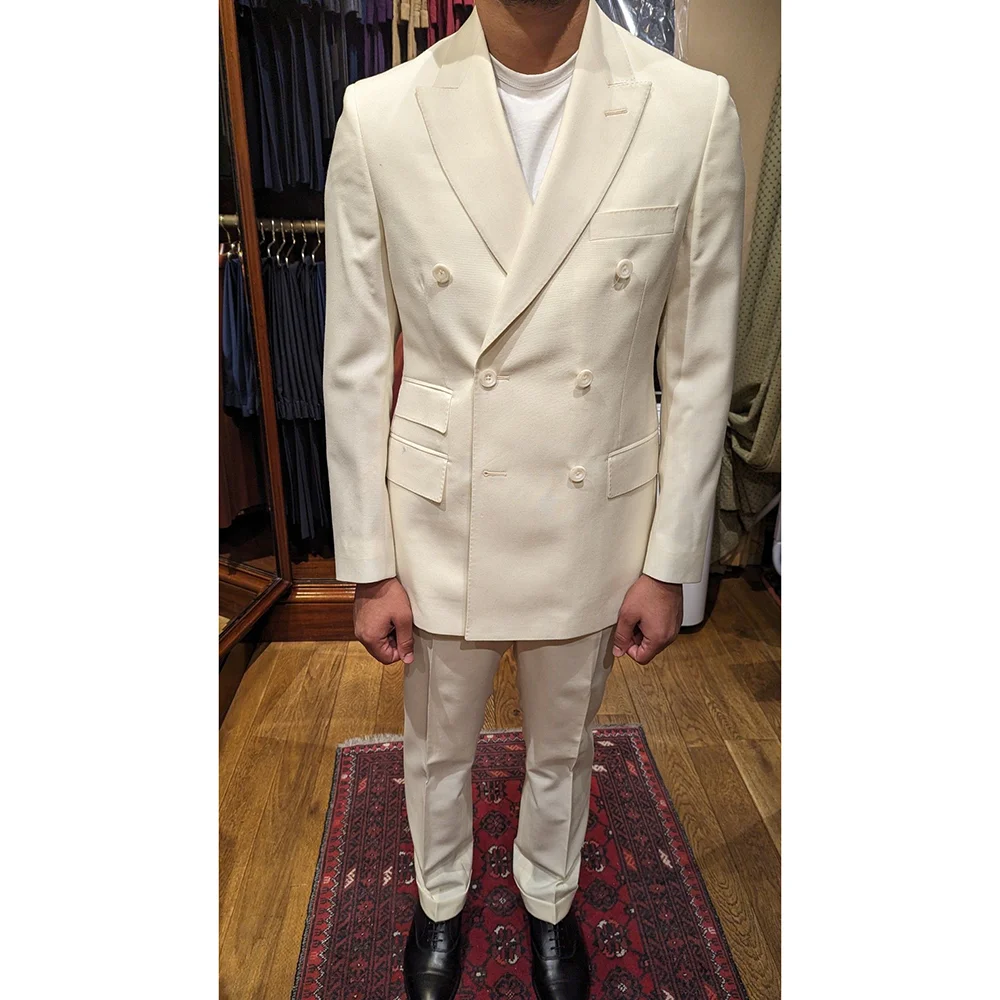 

Мужской кремовый двубортный костюм, комплект официальной одежды на заказ для свадьбы, жениха, выпускного вечера, элитный вечерние элегантный мужской костюм из 2 предметов