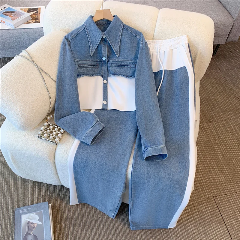 2024 Vintage Women Patchwork Denim Jacket Pant Sets Long Sleeve Cropped Coat+High Waist Wide Leg Pants Streetwear Suit