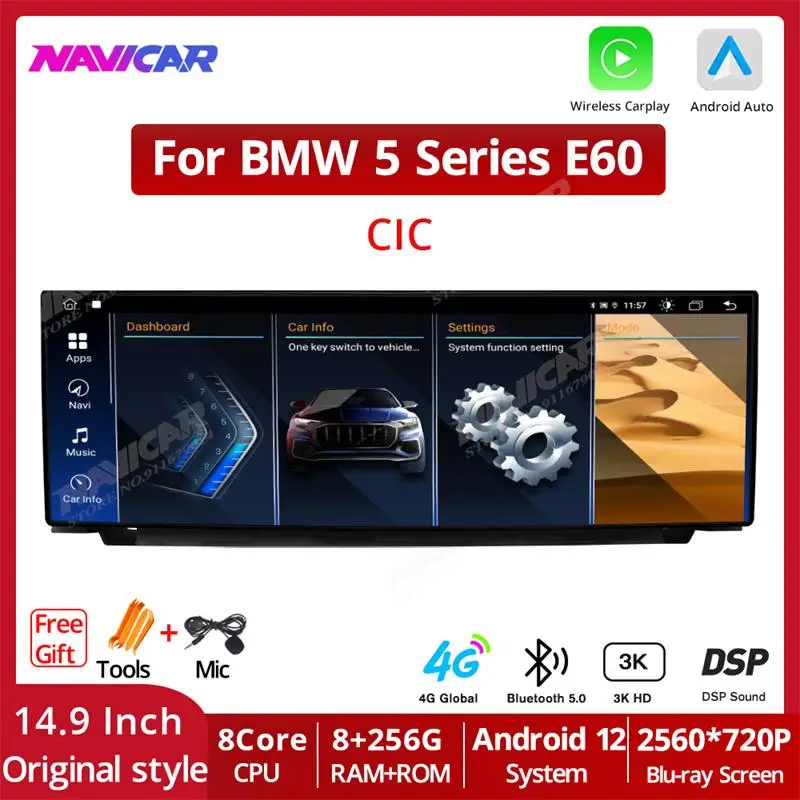 NAVICAR 14.9 inch GPS 1560*720P Android12 Car Radio For BMW 5 Series E60 CCC 2006-2010 Carplay CCC System Multimedia Player