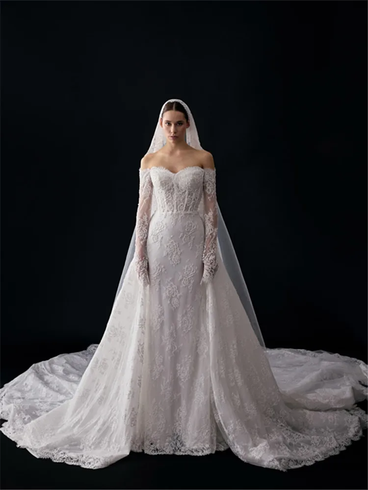

Роскошные свадебные платья Vestido De Novia Falda Desmontable, кружевное платье с длинными рукавами, Corte Sirena, свадебное платье с открытыми плечами на заказ