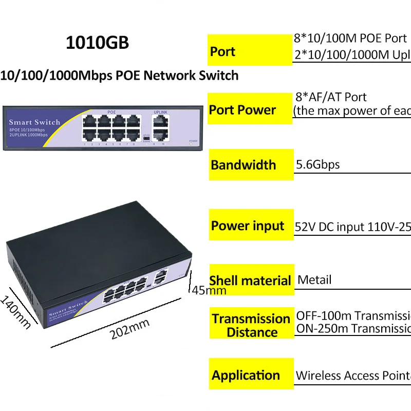 48V POE Network Switch 10/100/1000Mbps Ethernet Switch 4Port/8Ports Network Switching Hub IEEE 802.3 AF/AT Switch for IP Camera