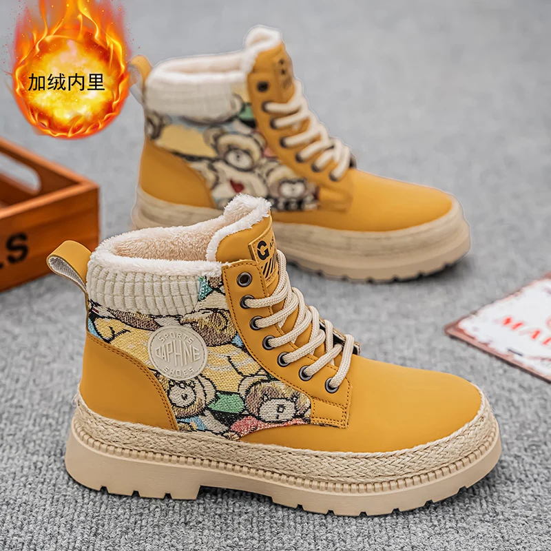 CYYTL Mens Boots Warm Fur Snow Winter Shoes Casual Outdoor Platform Hiking Fashion Designer Luxury Ankle Cowboy Sneakers Leather