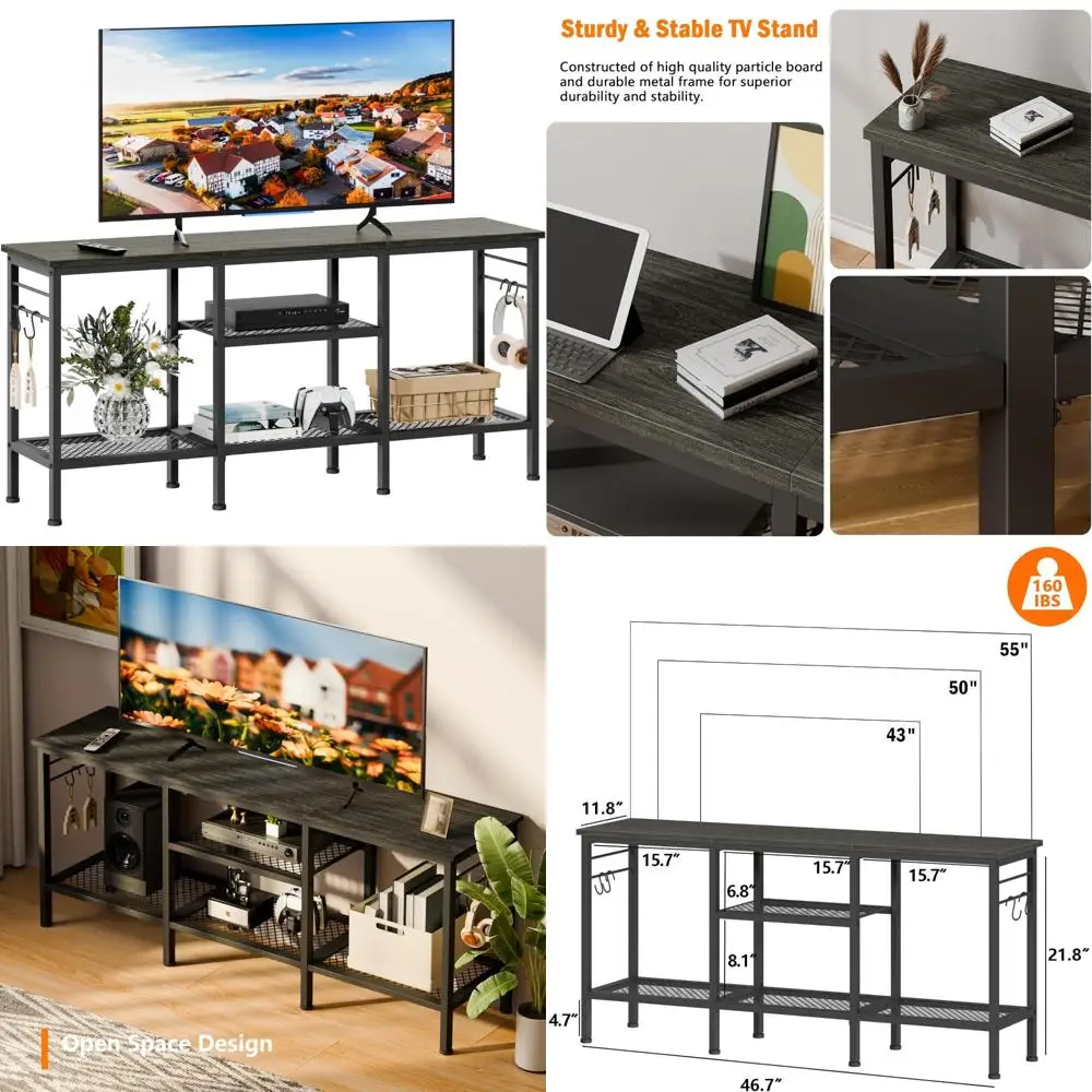 

Развлекательный центр для 55-дюймовых телевизоров: подставка для телевизора с открытыми полками и местом для саундбара