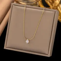 Stainless Steel Shiny Clear Zircon Waterdrop Pendant Necklace for Women Girls Minimalist Choker Chains Party Jewelry Gift New