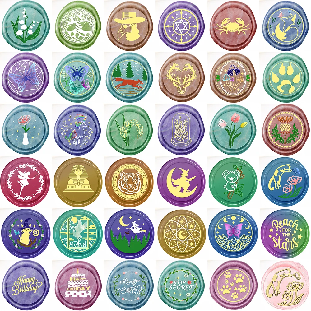 25mm Round Wax Seal Stamps Lily Tulip Butterflies Koala Wildcat Birthday Cake Mixed Sealing Wax Stamper for DIY Envelope Decor