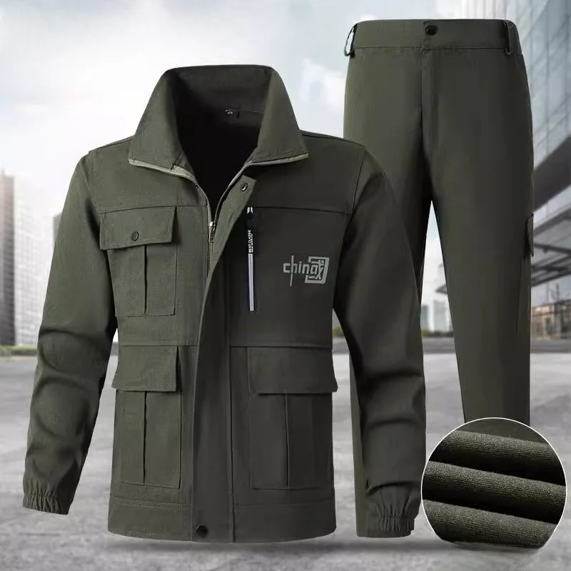 

Утолщенный рабочий костюм из чистого хлопка для мужчин, защитная одежда для весны и осени, для сварки, с защитой от жары, для строительных площадок