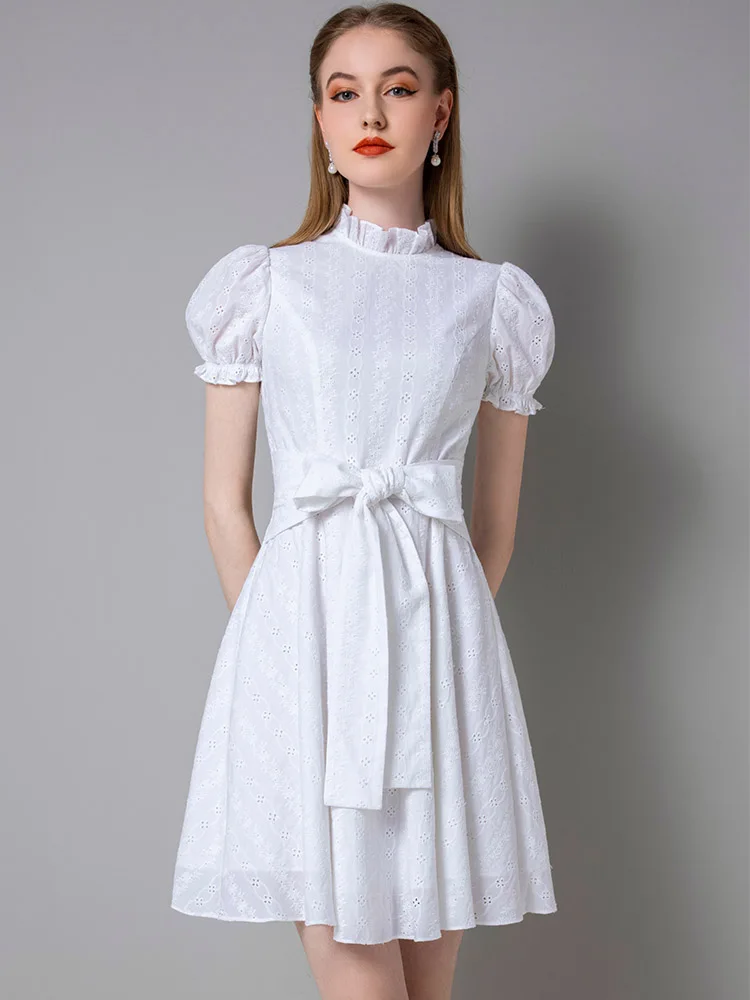 High end celebrity bubble sleeve dress women's new summer pure cotton temperament ear edge skirt