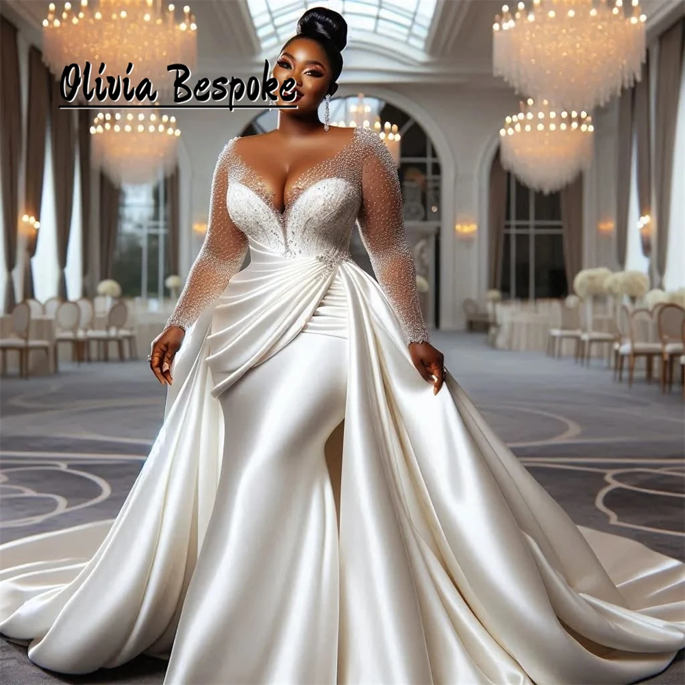 

Divine Aso Ebi Mesh Long Sleeves Wedding Dresses Brides 2025 Beads Mermaid African Engagement Gowns vestido de novia Customized