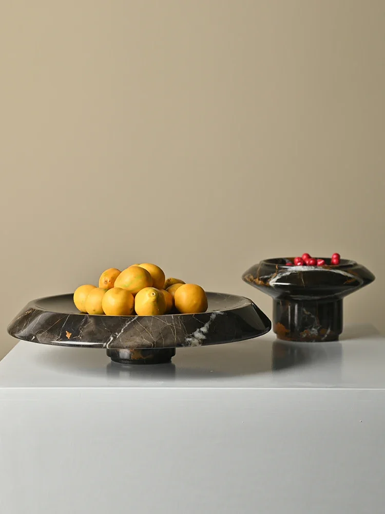 Natural Marble Serving Tray for Coffee Table and Living Room Luxury Fruit Bowl with Pedestal for Kitchen Counter