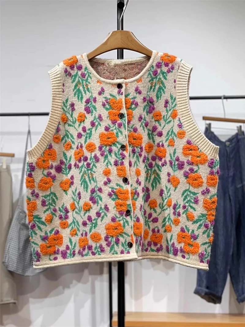 

Дизайнерский трехмерный вязаный жилет с цветочным принтом, женский осенне-зимний свободный свитер большого размера, топ без рукавов w1055