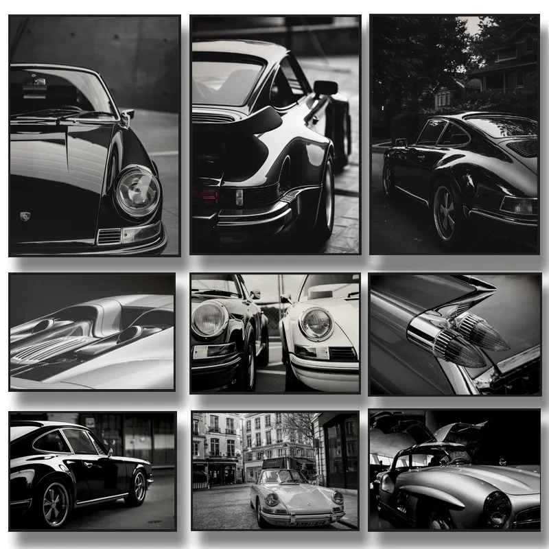 ציור קנבס מודרני בצבע שחור ולבן אבסטרקטי רטרו עם פוסטר יוקרתי לרכב, תמונות אמנות לקיר לעיצוב הבית