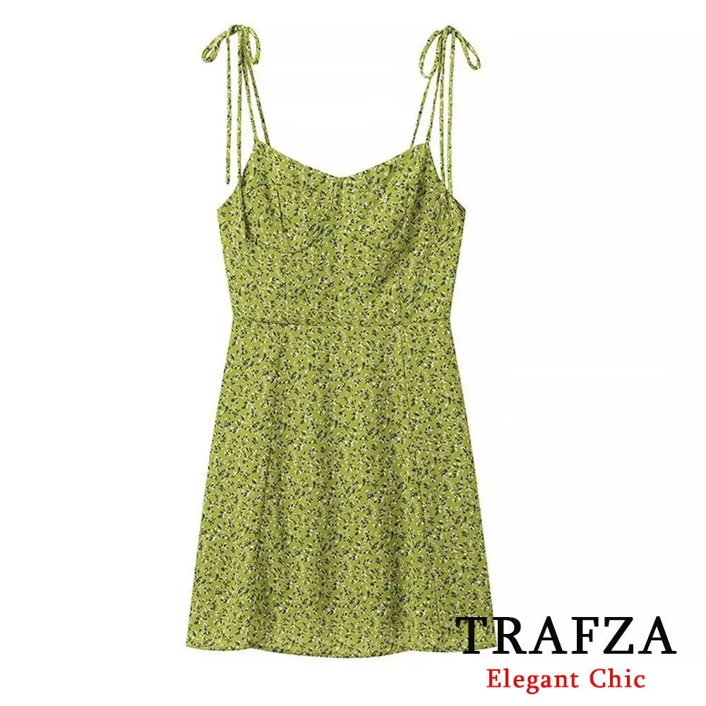 

TRAFZA Casual Green Print Mini Dress Women's Short Dress New 2024 Summer Fasion Bow Tie Cami Dress Holiday Beach Date OOTD Dress