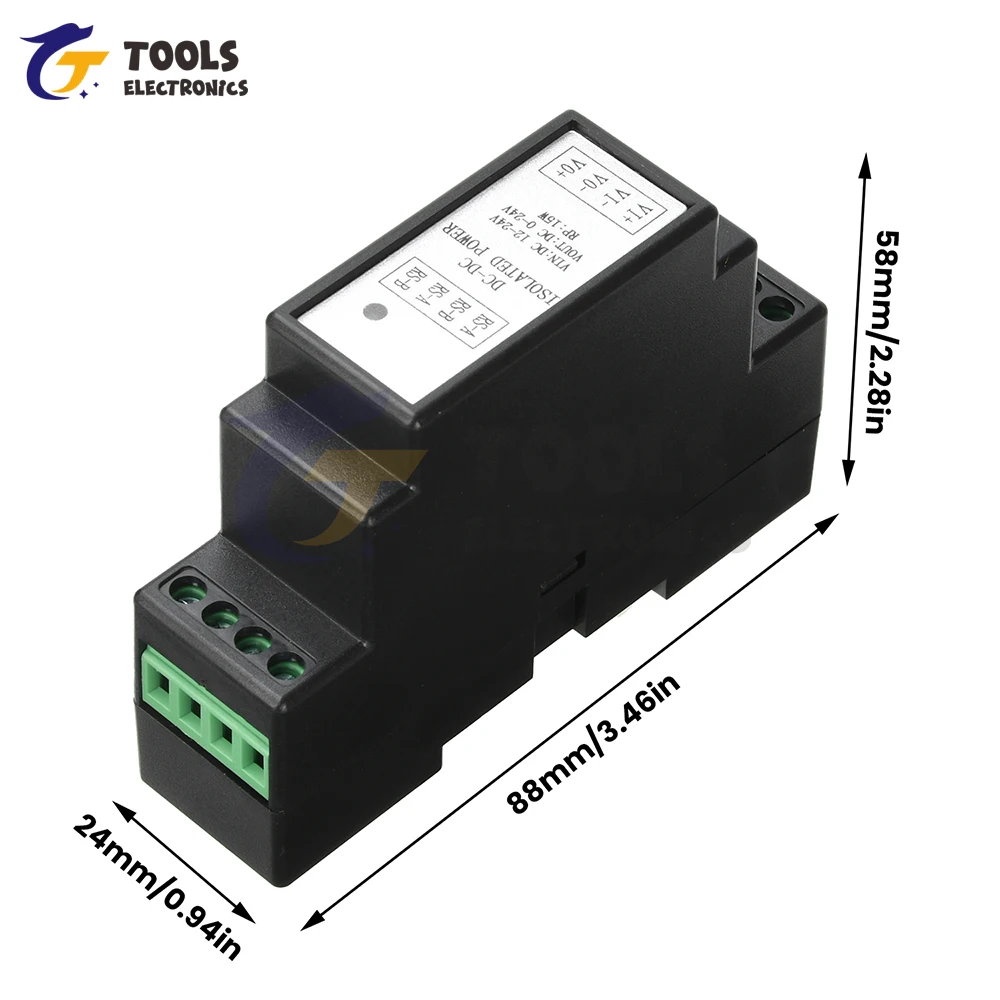 Zasilacz DC-DC na szynę DIN, izolowany, regulowany, wejście 12-24V, wyjście 0-24V, obsługa Modbus RS485, przemysłowy.