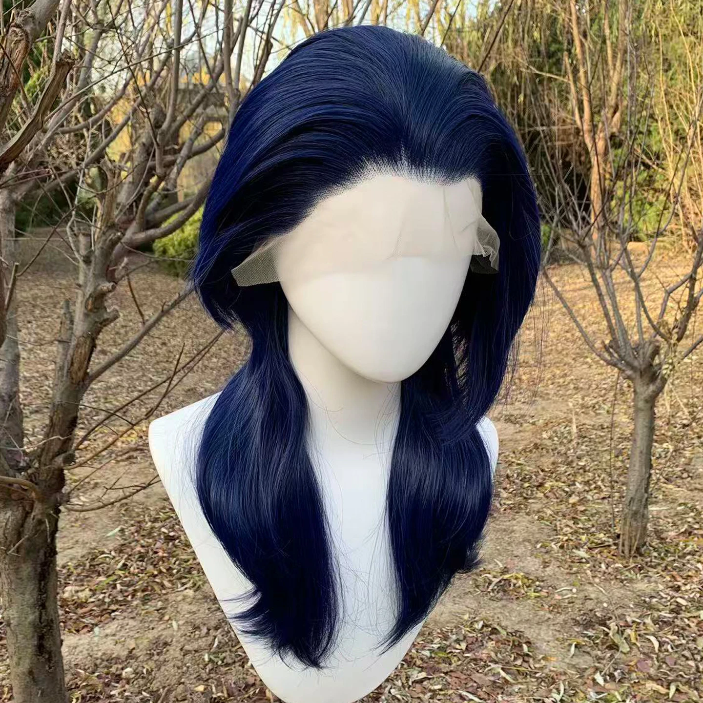Peruca de Cabelo Sintético Azul 13X4 com Renda Frontal, Peruca Mullet Lisa Natural, Resistente ao Calor, Sem Cola, Peruca Cosplay para Mulheres 16 polegadas