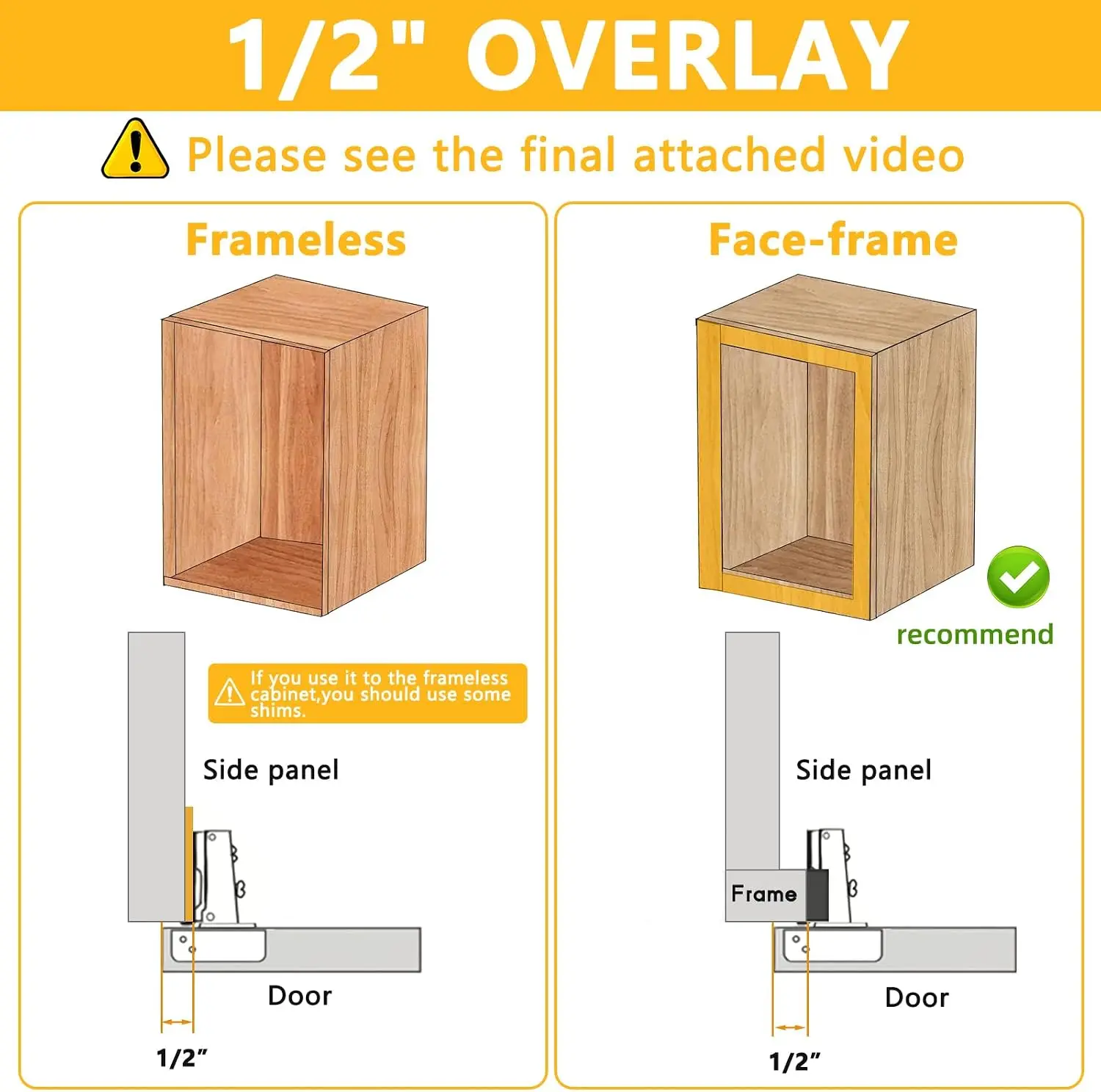 60 Pack Soft Close Cabinet Door Hinges for 1/2 Inch Overlay Cupboard Door, 105 Degree Opening Angel, Stainless Concealed