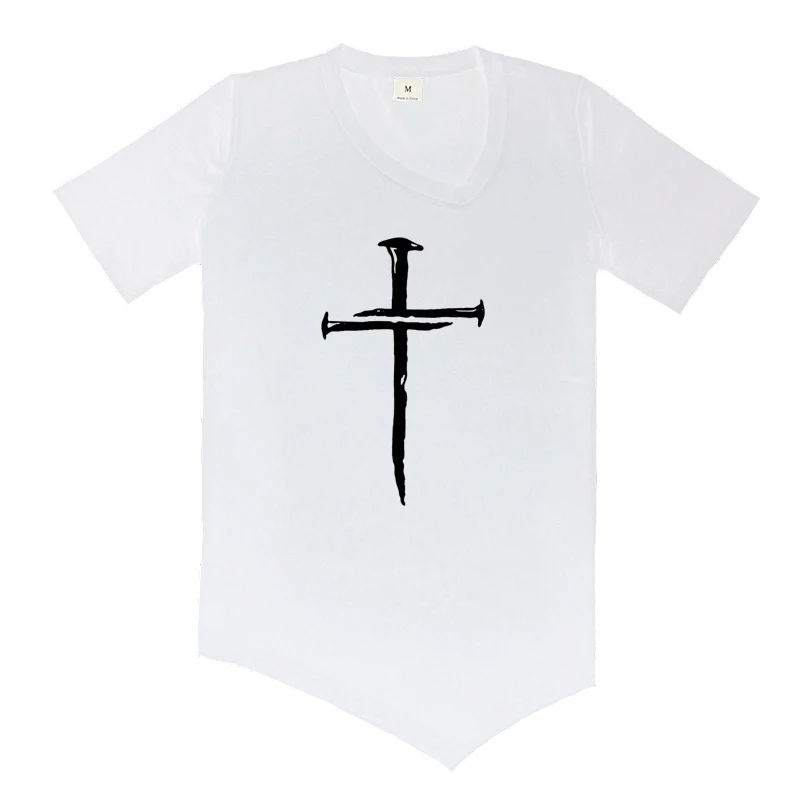 Personalized Cross Printed V-Neck Slim Fit Short Sleeve Shirts Summer Mens Casual Irregular Hem Fitness T Shirts Gym Sportswear