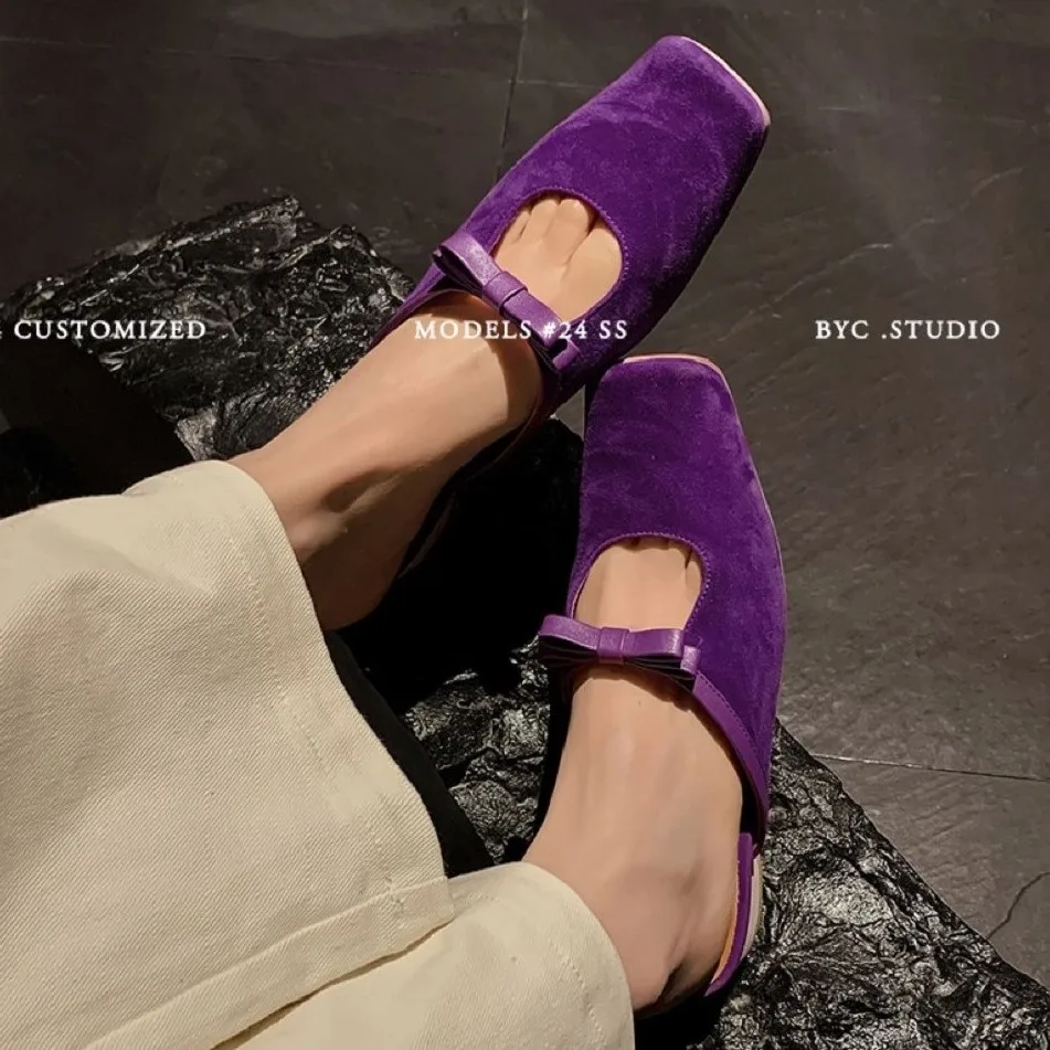 

Woman Real Leather Sheepsuede Soft Flats Spring Simple Shoes Basic Style Mules Girls Square Toe Mullers Bowtie Slippers