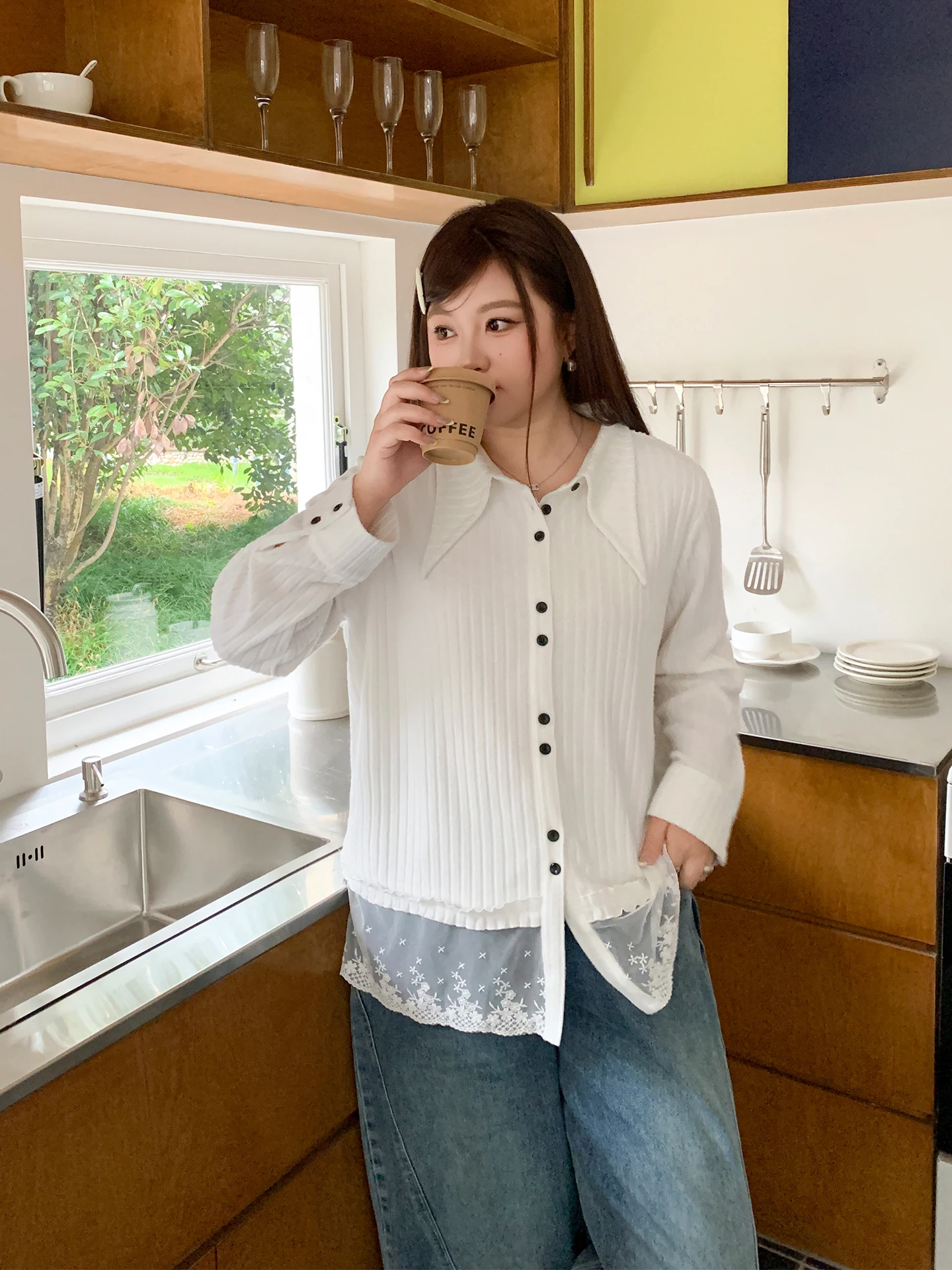 

YUZ I Casual Sle Splice Lace Long Sve Button up Slimming Top Large Size Women's Spring Faion Striped Color Blo irt