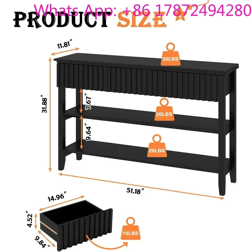 Narrow Long Sofa Table Modern Behind Couch Fluted Entryway Table with 3 Drawer
