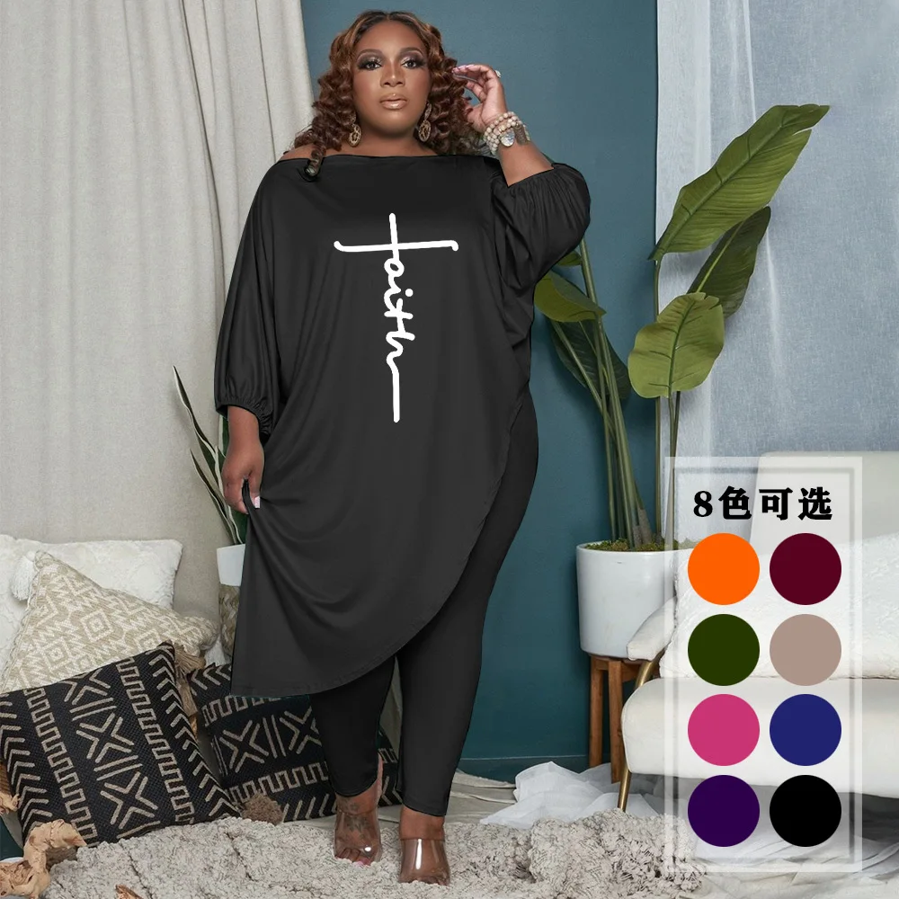 Ensemble de femmes grande taille L-5XL décontracté adt solide document incliné initié broderie Y-pantalon survêtement Sexy deux pièces ensembles 2023